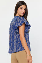 Load image into Gallery viewer, Berry Blue Eyelet Gold Button Flutter Slv Top