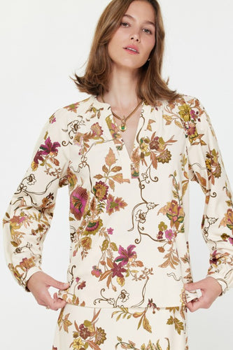 Mauve Corduroy Floral Split Neck LS Blouse