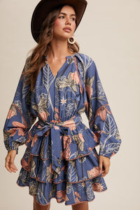 Blue Floral Print V-Neck Tiered Skirt Dress