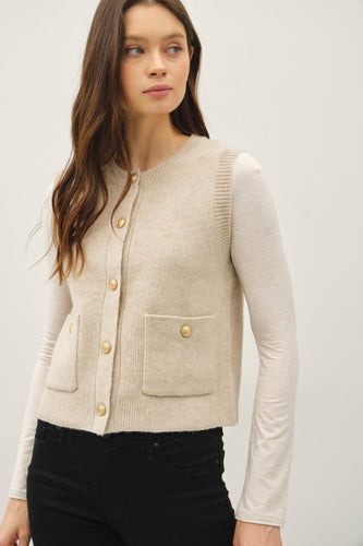 Oatmeal Crewneck Button Sweater Vest