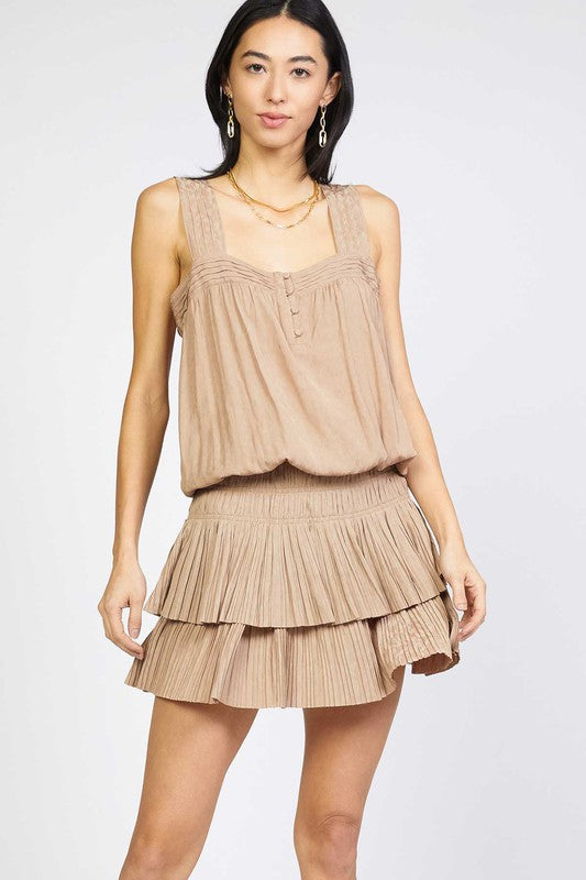 Taupe Printed Smocked Waist Tiered Mini Dress