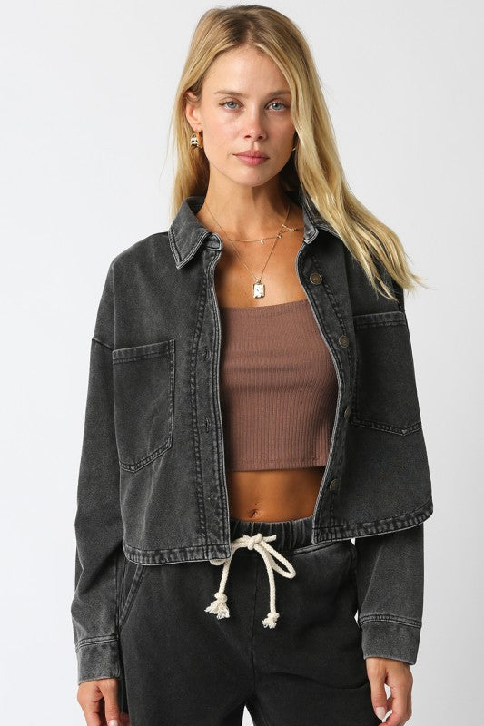 Black Woven Cropped Button Down Top/Jacket