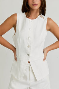 White Denim Button Frnt Slvls Top