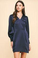 Load image into Gallery viewer, Navy Satin LS V-Neck Mini Dress