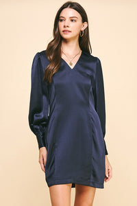 Navy Satin LS V-Neck Mini Dress