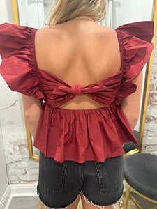 Maroon Tie Back Ruffle Slv Babydoll Top