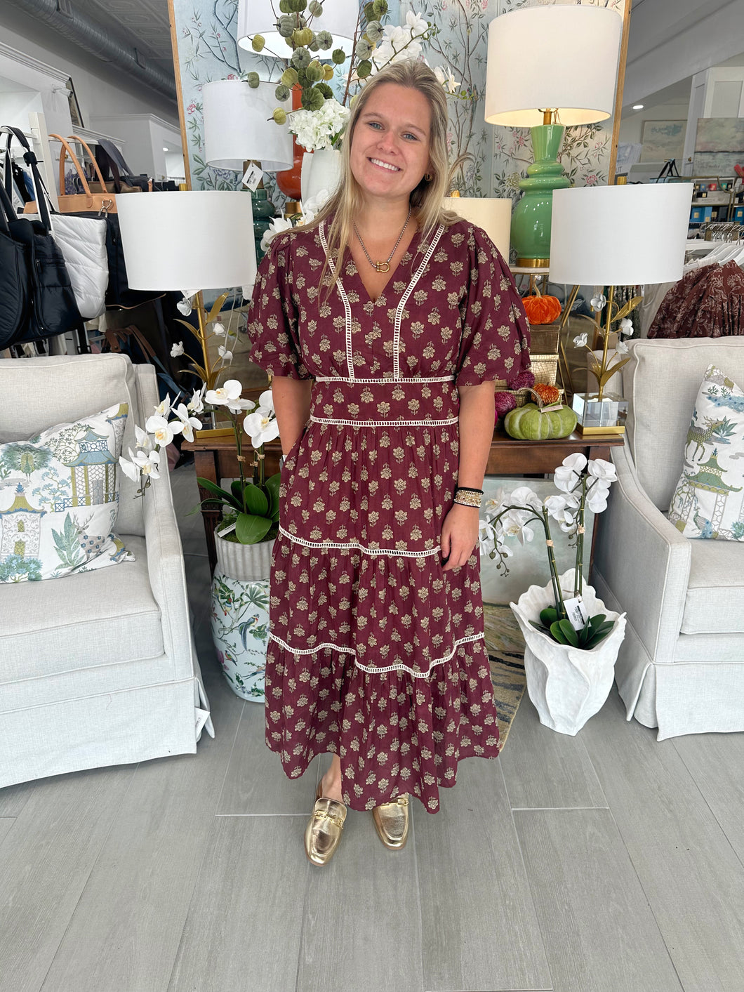 Maroon Printed Puff Slv Tiered Dress (THML) Mod and Proper Maroon Printed Puff Slv Tiered Dress (THML) Mod and Proper