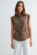 Load image into Gallery viewer, Brown Slvls Button Down Tie Waist Top