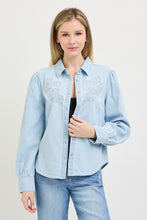 Load image into Gallery viewer, Light Denim Embroidered Shirring Slv Shirt
