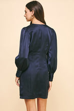 Load image into Gallery viewer, Navy Satin LS V-Neck Mini Dress