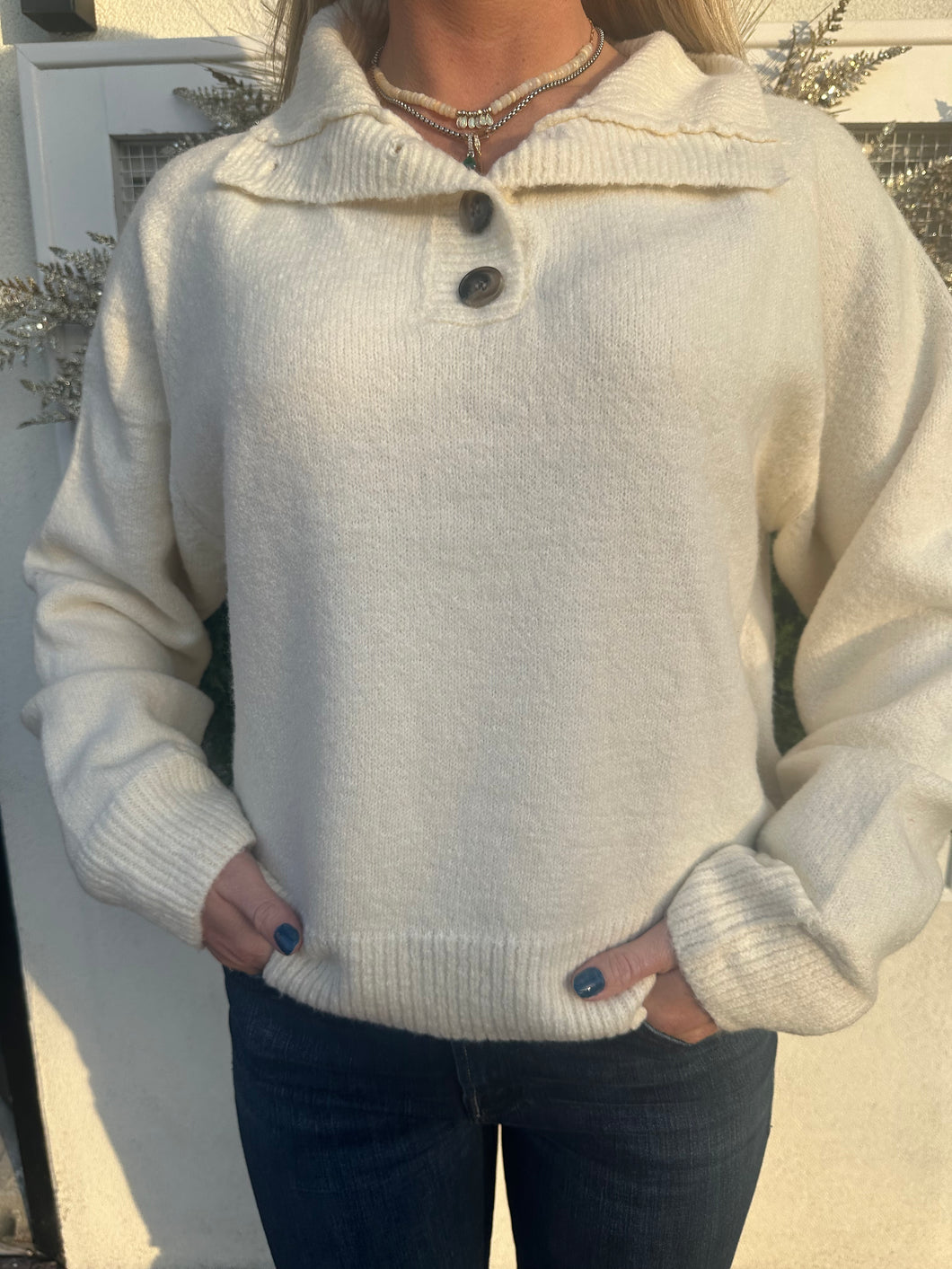 Cream Half Button Sweater