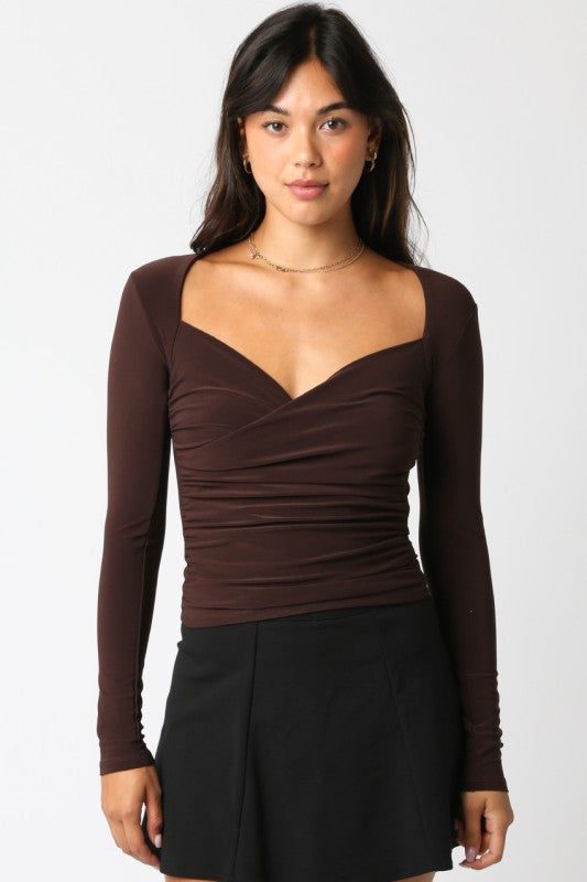 Chocolate Brown LS Wide Neck Top