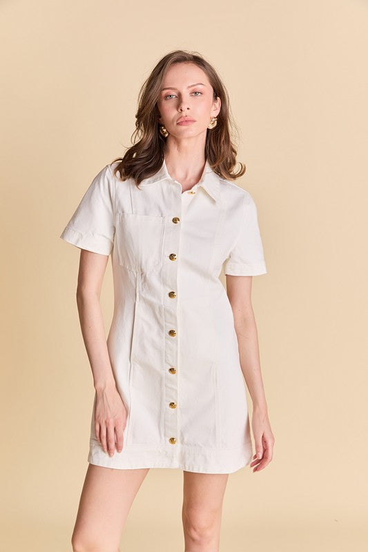 White Denim Gold Button Shirt Dress – Mod and Proper
