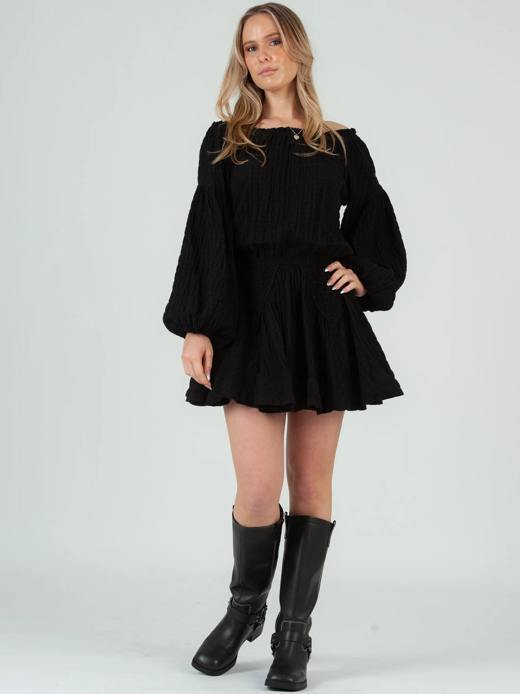 Black LS OTS Textured Dress