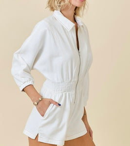 Off White Denim Collared Smocked Waist Romper