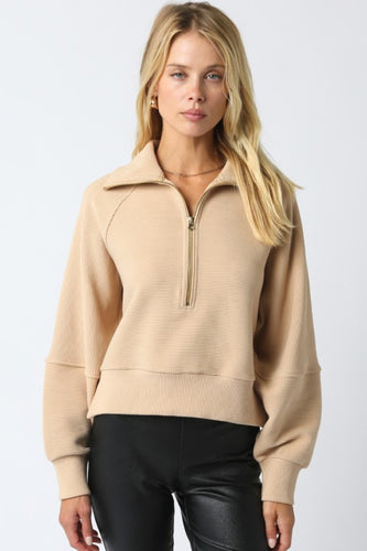 Tan Ribbed Zipper Sweater