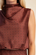 Load image into Gallery viewer, Mocha Mock Neck Satin Polka Dot Top