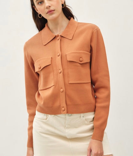 Caramel Cropped Knit Button Up Jacket