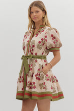 Load image into Gallery viewer, Ecru/Green Printed Tie Frnt Puff Slv Dress