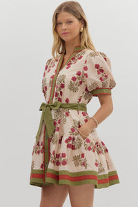 Ecru/Green Printed Tie Frnt Puff Slv Dress