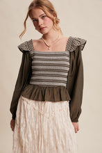 Load image into Gallery viewer, Olive Contrast Stitch Smocked LS Top