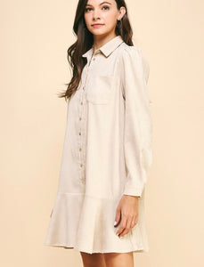 Oatmeal Corduroy Button Down LS Dress