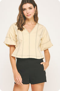 Cream/Black Stitch Puff Slv Top