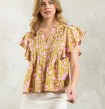 Load image into Gallery viewer, Green/Pink Floral Flutter Slv Top