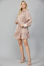 Load image into Gallery viewer, Beige Geo Print LS Satin Tie Waist Shirt Dress