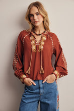 Load image into Gallery viewer, Marsala Boho Embroidered Tassel Blouse
