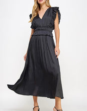 Load image into Gallery viewer, Black Pleated Long Satin Dress