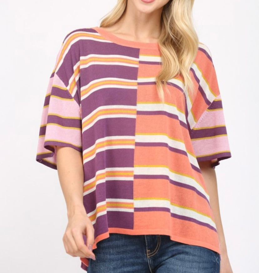 Tangerine Multi Stripe SS Knit Top