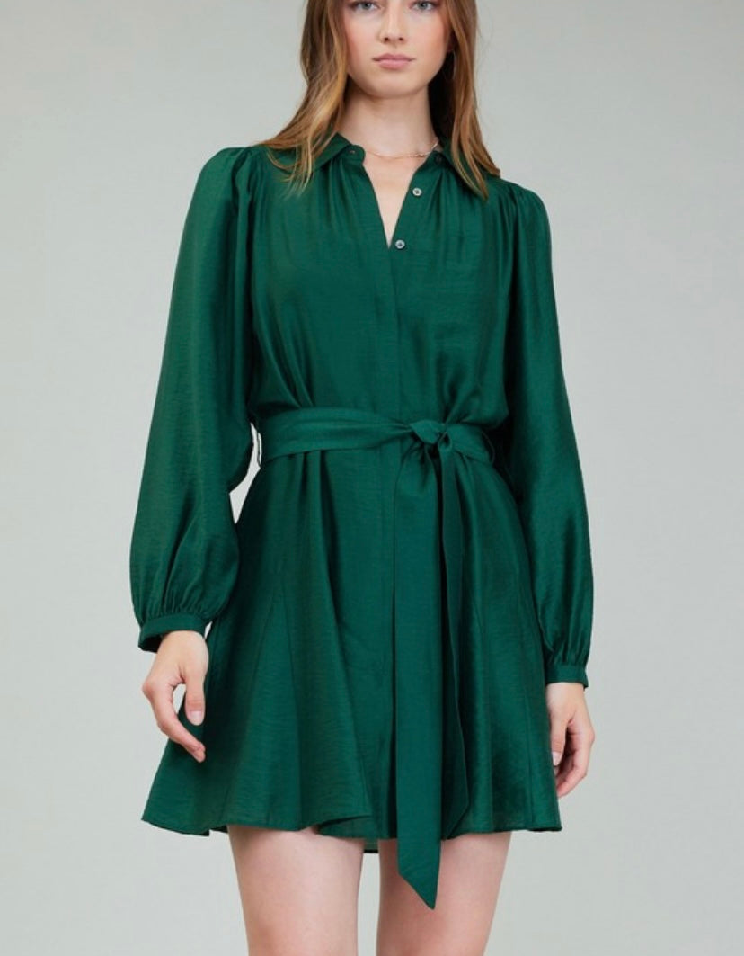 Jewel Green LS Dress w/ Waist Belt