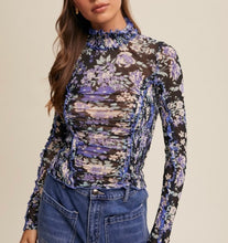 Load image into Gallery viewer, Black Smocked Ruched Floral Mesh Top