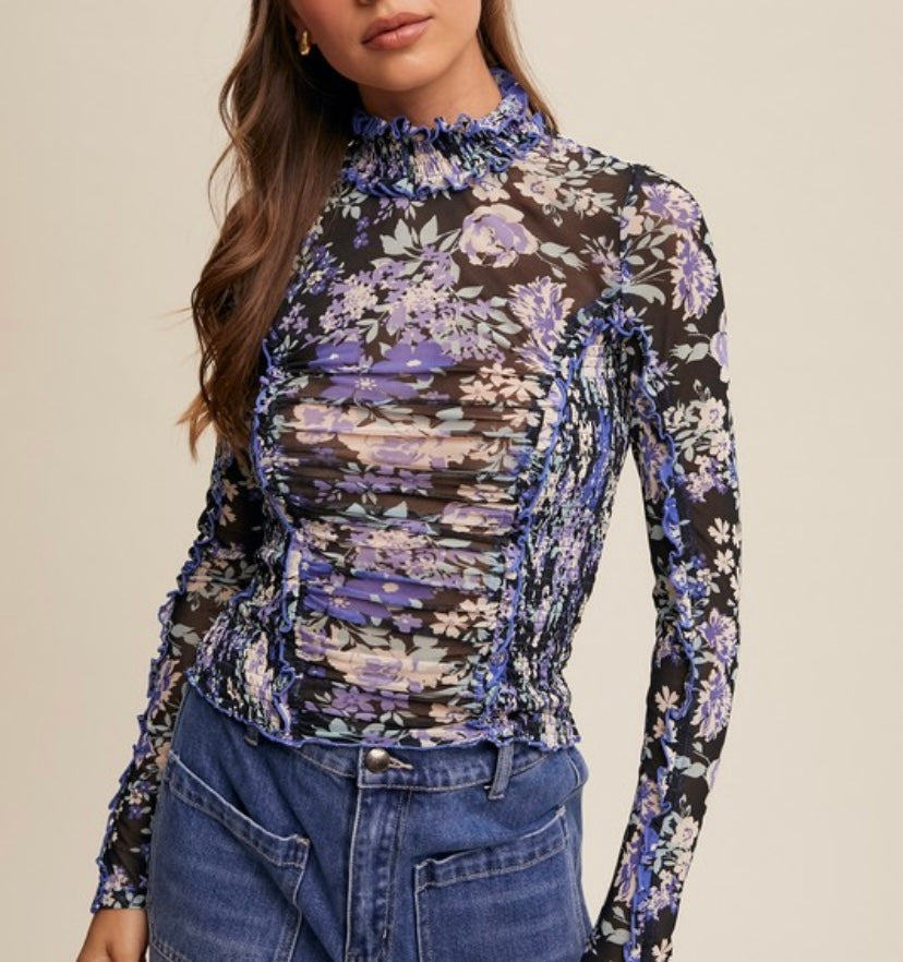 Black Smocked Ruched Floral Mesh Top