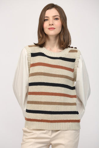 Taupe/Off White Striped Sweater w/ Poplin Undershirt