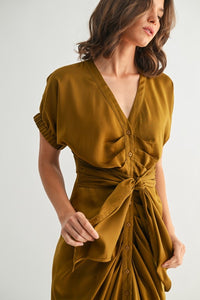 Golden Brown Satin Dolman Slv Tie Frnt Dress