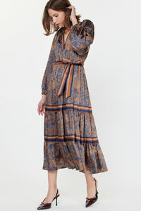 Dark Brown/Navy Printed LS Tie Waist Dress