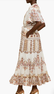 Cream Multi Print Tie Frnt Maxi Dress