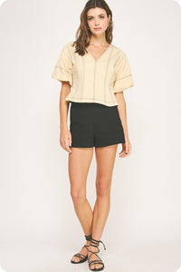 Cream/Black Stitch Puff Slv Top