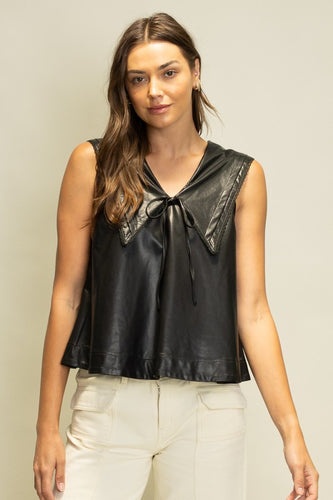 Black Leather Pintuck Lace Collar Top