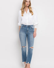 Load image into Gallery viewer, FM Denim HR Distressed Hem Slim Straight Jean