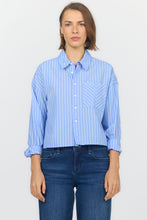 Load image into Gallery viewer, DJD Varsity Striped Blue Cropped Button Down Shirt