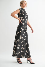 Load image into Gallery viewer, Black Flower Print Satin Mock Neck Maxi Dress