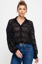 Load image into Gallery viewer, Black Sheer LS Textured Button Frnt Blouse