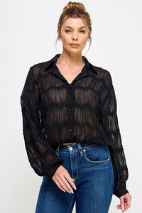 Black Sheer LS Textured Button Frnt Blouse