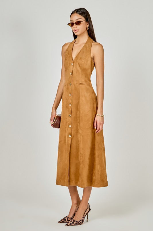 Tan Suede Fitted Midi Dress w/ Gold Buttons