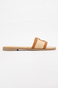 Cognac Raffia Slip On Sandal