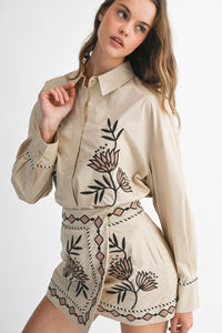 Taupe Embroidered Button Down Shirt + Skirt Set