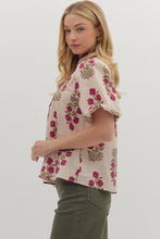 Load image into Gallery viewer, Ecru/Maroon Floral Puff Slv Top